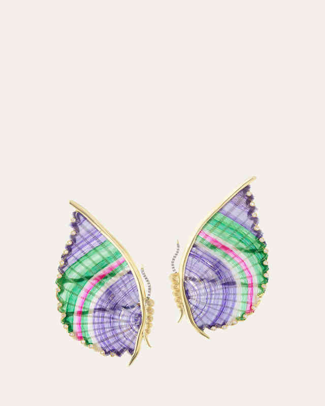 18K Yellow Gold Multi-Color Horse Mane Butterfly Earrings with Diamonds